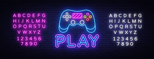 Gaming neon sign vector. Play Design template neon sign, light banner, neon signboard, nightly bright advertising, light inscription. Vector illustration. Editing text neon sign © Ivan