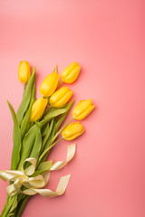 Spring card: yellow tulips on a coral background. Top view, lay flat