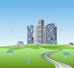 Eco city in green countryside landscape, concept vector illustration