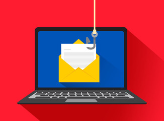 Data phishing, hacking online scam on computer laptop concept. Fishing by email, envelope and fishing hook. Vector illustration