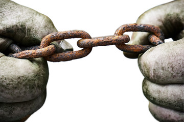Powerful male hands trying to tear an old rusty chain isolated on white