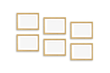 Frames collage, six realistic golden frameworks isolated on white background