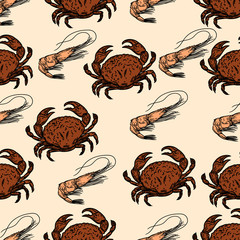 Seamless pattern of crabs and shrimps.