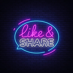 Like Share neon sign vector design template. Social networks neon text, light banner design element colorful modern design trend, night bright advertising, bright sign. Vector illustration