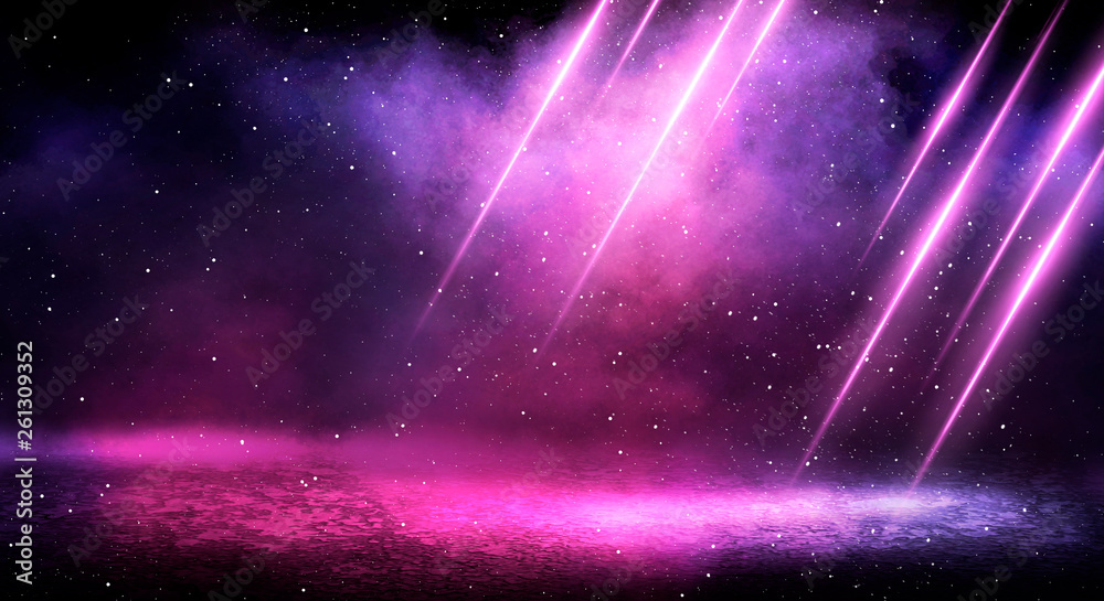 Wall mural ultraviolet background of empty foggy street with wet asphalt, illuminated by a searchlight, laser b