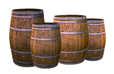 Fototapeta premium oak wooden barrel metal rings silver group of vessels holding wine whiskey on white background winemaking design