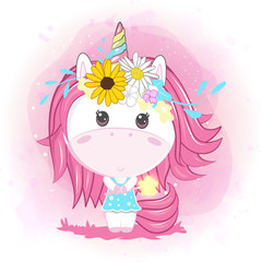 cute baby unicorn with flowers. Can be used for baby t-shirt print, fashion print design, kids wear, baby shower celebration greeting and invitation card. - Vector