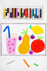 Colorful drawing: strawberry juice and fresh fruit, pear, blueberry, lemon