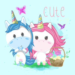 cute couple unicorn with blue background. Can be used for baby t-shirt print, fashion print design, kids wear, baby shower celebration greeting and invitation card. - Vector