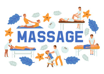 Medical massage people poses set of banners vector illustration. Osteopaths performing treatment manipulations or massaging their patients. Set of specialists in osteopathy, chiropractic.