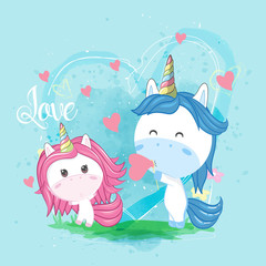 Obraz na płótnie Canvas cute couple unicorn with hearts. Can be used for baby t-shirt print, fashion print design, kids wear, baby shower celebration greeting and invitation card. - Vector