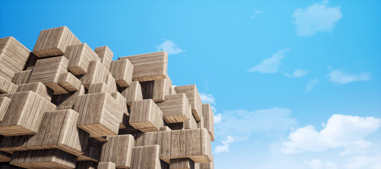 Colorful abstract panoramic background: geometric wood grain cube wall.  ( Car backplate, 3D rendering computer digitally generated illustration.)