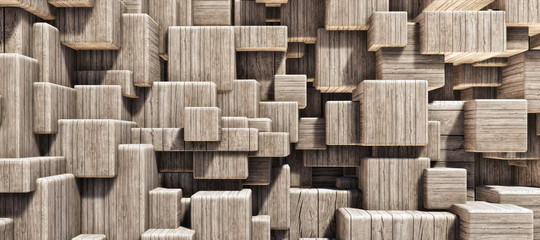 Colorful abstract panoramic background: geometric wood grain cube wall.  ( Car backplate, 3D rendering computer digitally generated illustration.)