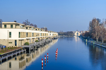 Naklejka premium Newly erected settlement on the island Humboldtinsel on the banks of the river Tegeler Fliess in Berlin