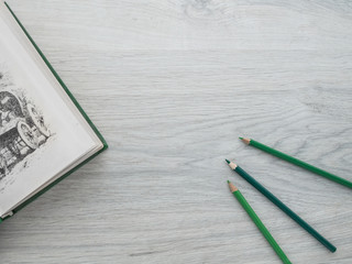 Training and development: An open book, green pencils on a wooden gray table. Education. Business. Top view. Copy space