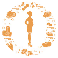 Pregnant woman and foods rich in vitamins.