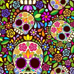 Wall murals Draw Sugar Skull Floral Naif Art Mexican Calaveras Vector Seamless Pattern Design