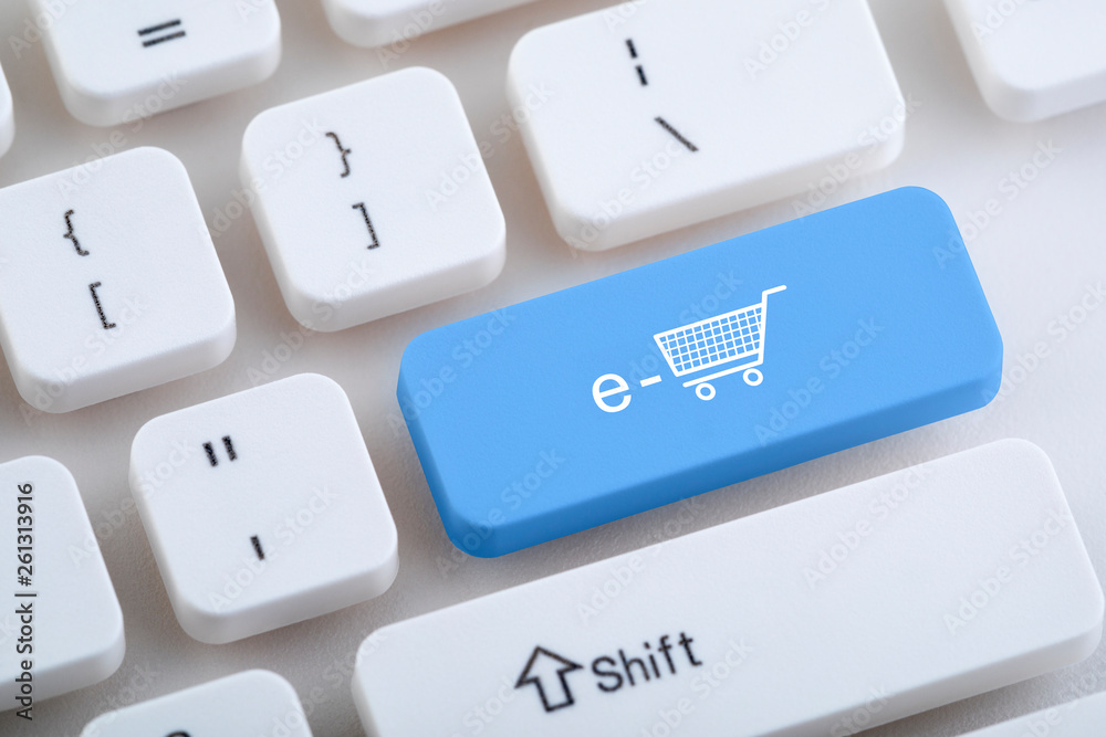 Fototapete computer keyboard with e-shopping button