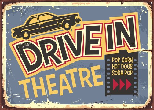 Drive in theater vintage sign design. Open air cinema retro poster with funky typography and car graphic. Vector movie and film illustration.