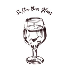 Full beer stemmed snifter glass of pale lager of pils isolated on white background. Vector hand drawn monochrome illustration