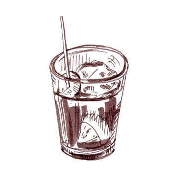 Vermouth, traditional Spanish appetizer. Hand drawn vector illustration. Sketch drawing, ink brushpen. Single glass isolated on white background