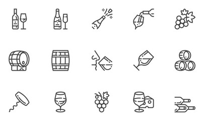 Wine Vector Line Icons Set. Winery, Wine Production, Degustation, Bunch of Grapes, Glass of Wine. Editable Stroke. 48x48 Pixel Perfect.