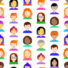 Seamless pattern with people flat icons: smiling cartoon male and female heads. Avatars of people with different races: caucasian, asian, african, hindu. Modern vector illustration.