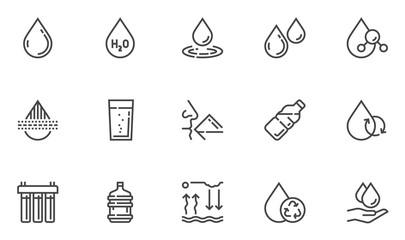 Water Vector Line Icons Set. Water Purification, Water Filter, Water Cycle. Clean, Drinking, Purified, Bottled Water. Editable Stroke. 48x48 Pixel Perfect.