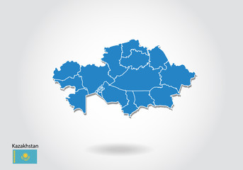 Obraz premium Kazakhstan map design with 3D style. Blue Kazakhstan map and National flag. Simple vector map with contour, shape, outline, on white.