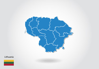 Lithuania map design with 3D style. Blue Lithuania map and National flag. Simple vector map with contour, shape, outline, on white.