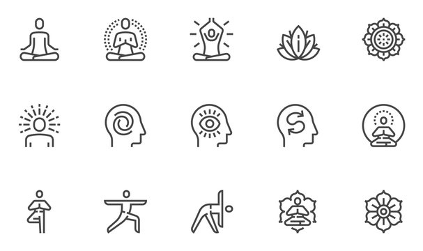 Meditation Practice and Yoga Vector Line Icons Set. Relaxation, Inner Peace, Self-knowledge, Inner Concentration, Spiritual Practice. Editable Stroke. 48x48 Pixel Perfect.