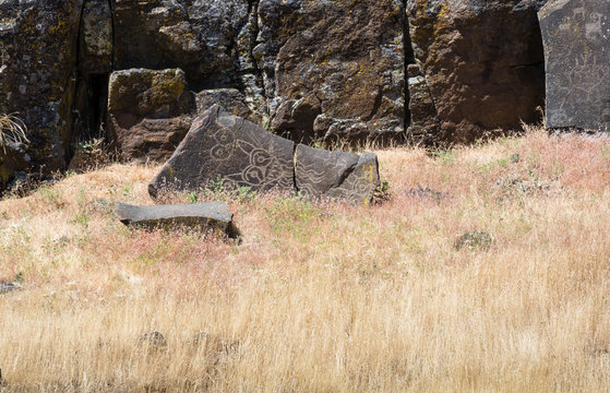 Ancient Native American Petroglyphs In Columbia Hills State Park, WA, USA