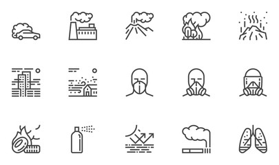 Air Pollution Vector Line Icons Set. Atmospheric Pollution. Natural, Transport, Industrial, Domestic Sources of Air Pollution. Volcanism, Forest Fires. Editable Stroke. 48x48 Pixel Perfect