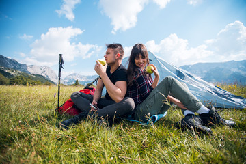 Fototapeta premium Outdoor Recreation. Couple enjoy at camping