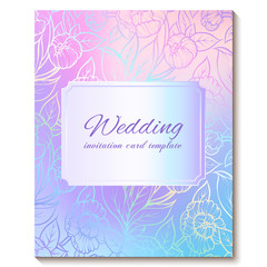 Colorful pastel blue violet pink soft floral bright invitation card with place for text. Abstract aquarelle magic cool colors hand drawn peony flowers design with blur texture background
