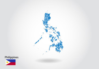 Philippines map design with 3D style. Blue Philippines map and National flag. Simple vector map with contour, shape, outline, on white.