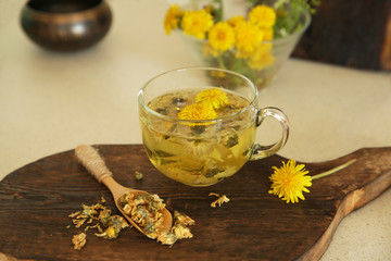 cup of tea with dandelion flowers