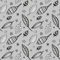 Seamless pattern black and white set of leaves lines