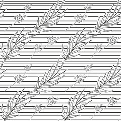 Linear seamless pattern black and white set of stripes and leaves