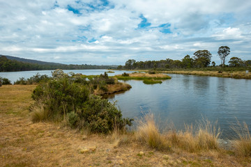 Bronte Lagoon. Beautiful tasmanian lake. Blue cloudy sky. Yellow grass