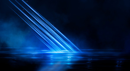 Dark empty scene, blue neon searchlight light, wet asphalt, smoke, night view, rays.
