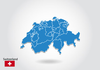 Switzerland map design with 3D style. Blue Switzerland map and National flag. Simple vector map with contour, shape, outline, on white.