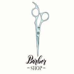 Barber Shop. Hand drawn color scissors in sketch style. Hand made lettering. Vector illustration