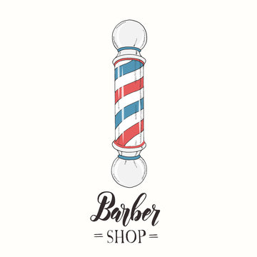 Hand drawn classic color Barber shop Pole in sketch style. Hand made lettering. Vector illustration