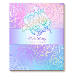 Colorful pastel blue violet pink soft floral bright invitation card with place for text. Abstract aquarelle magic cool colors hand drawn peony flowers design with blur texture background