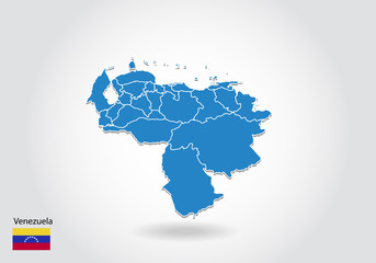 Venezuela map design with 3D style. Blue Venezuela map and National flag. Simple vector map with contour, shape, outline, on white.
