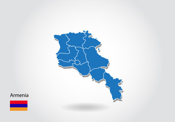 Fototapeta premium armenia map design with 3D style. Blue armenia map and National flag. Simple vector map with contour, shape, outline, on white.