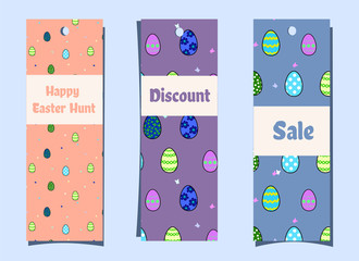 Set of vertical seasonal banners with easter eggs and butterflies. Orange and lilac color. Colorful bookmarks. Festive discount in cartoon style. Vector illustration for easter egg hunt - tag