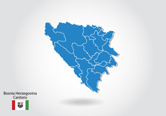 bosnia Herzegovina Cantons map design with 3D style. Blue bosnia Herzegovina map and National flag. Simple vector map with contour, shape, outline, on white.