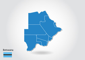 botswana map design with 3D style. Blue botswana map and National flag. Simple vector map with contour, shape, outline, on white.